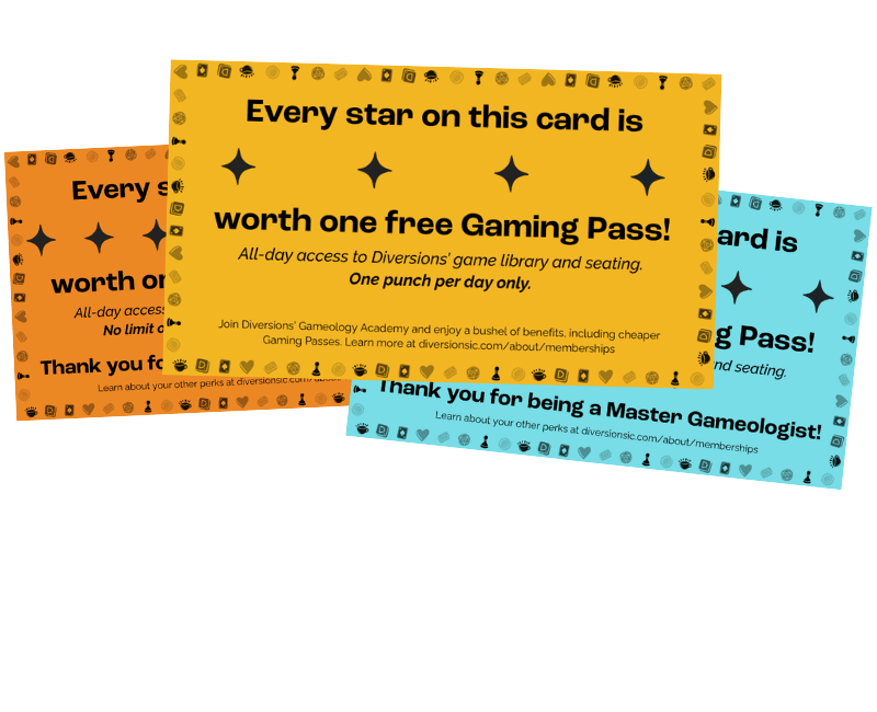 Array of punch cards. Every star on this card is worth one free Gaming Pass! All-day access to Diversions' game library and seating. One punch per day only.